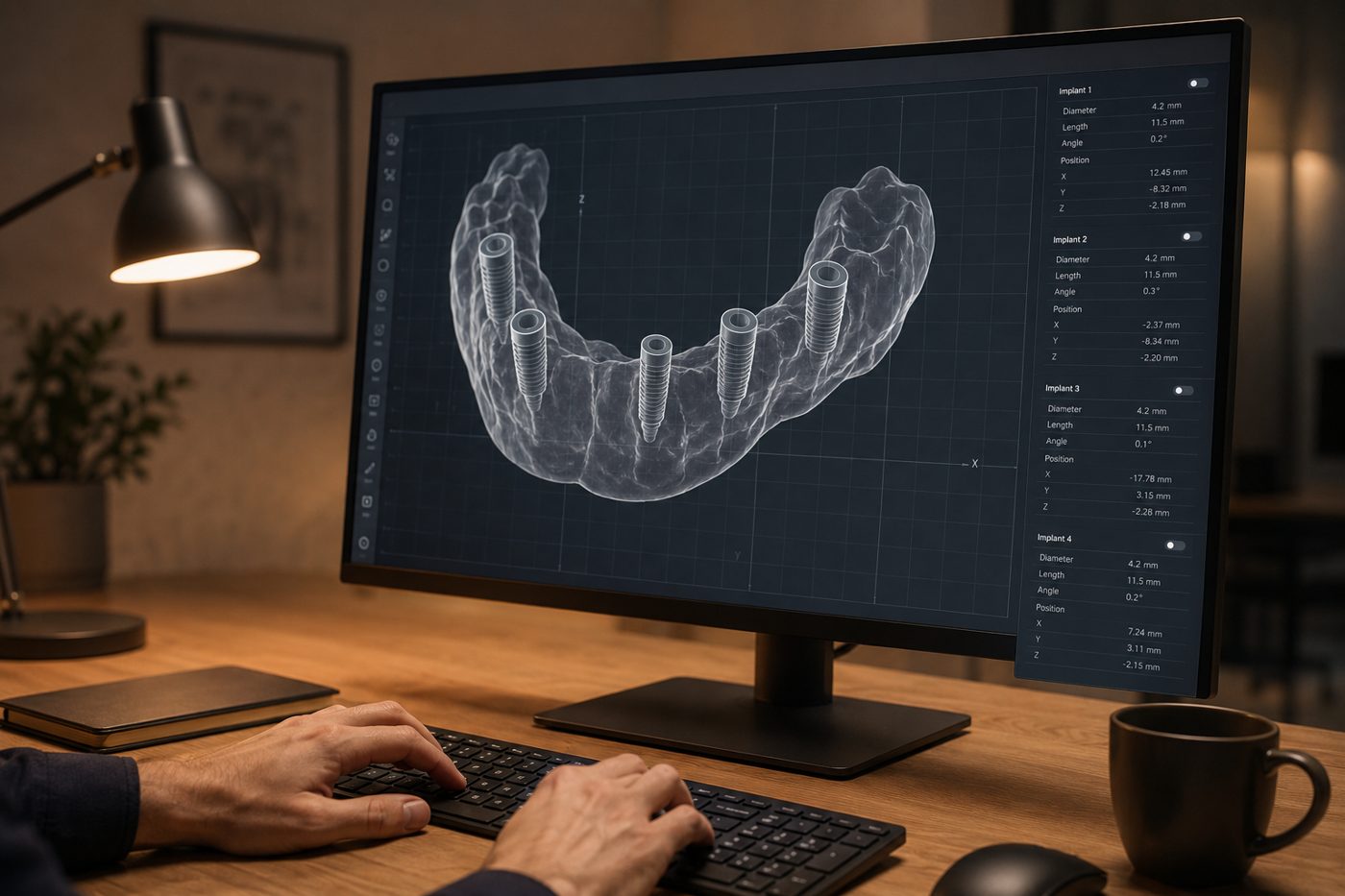 instant.guide planning workspace — a 3D wireframe mandible with planned implant trajectories and a parameter rail